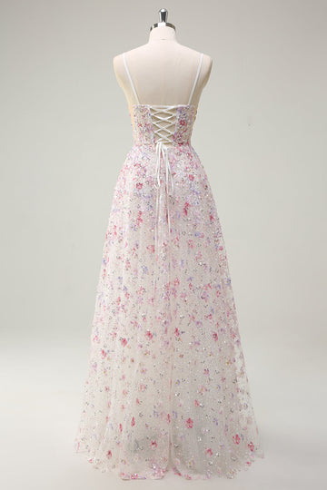 Pink A Line Spaghetti stropper Floral Beaded Prom Kjole